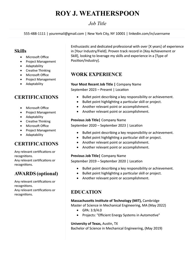 Simple resume template with two colonne