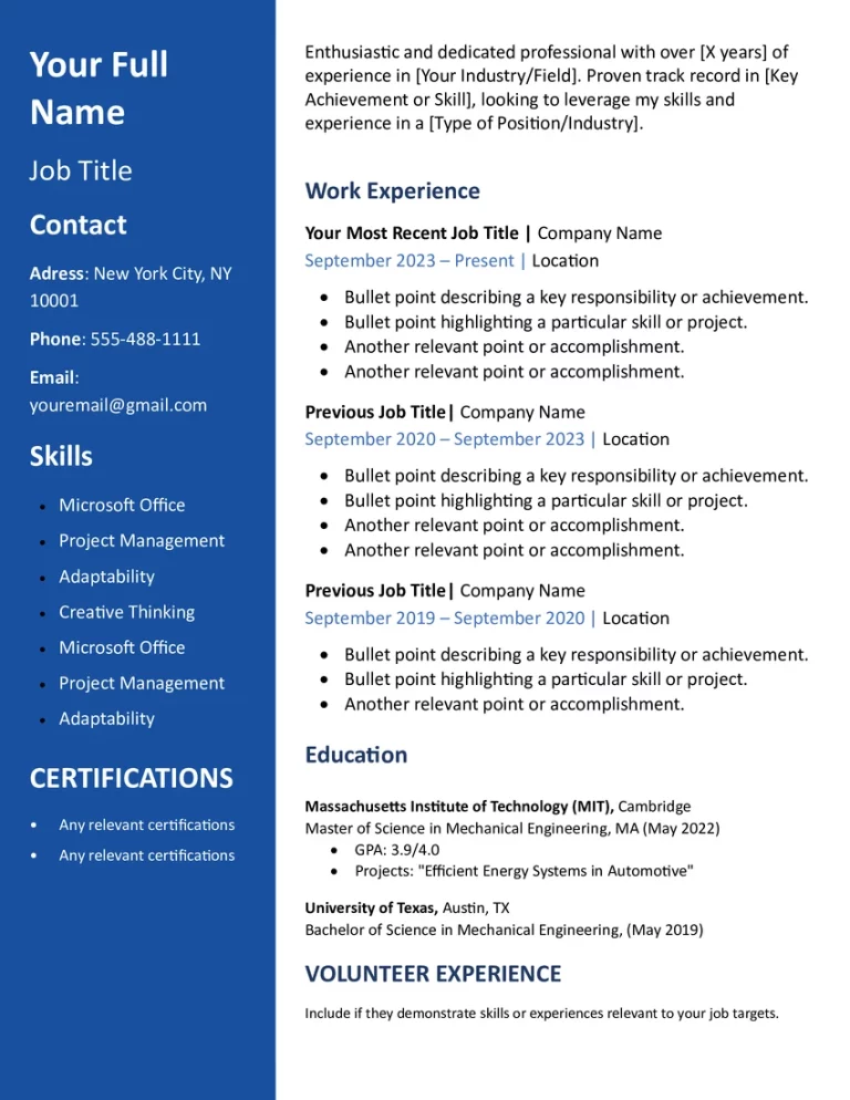 blue modern resume with two column